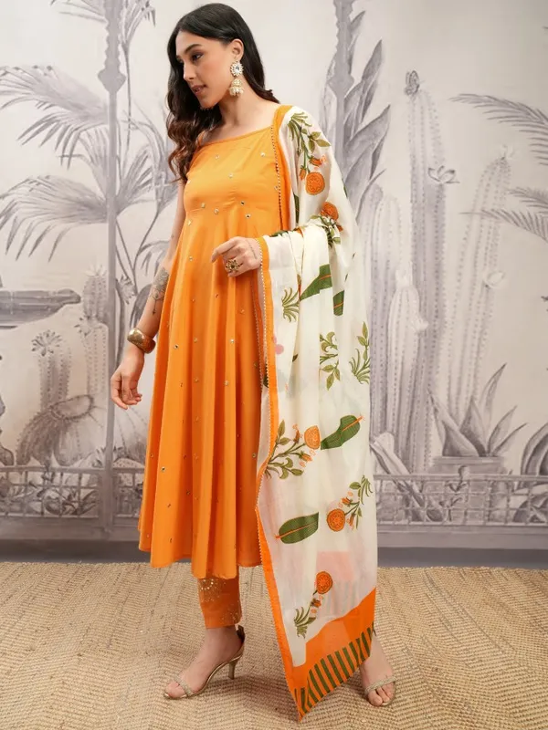 Vishudh Women Orange Printed Kurta With Trousers And Dupatta