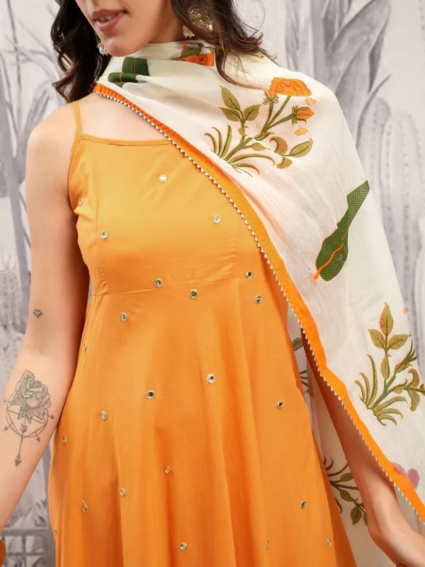 Vishudh Women Orange Printed Kurta With Trousers And Dupatta