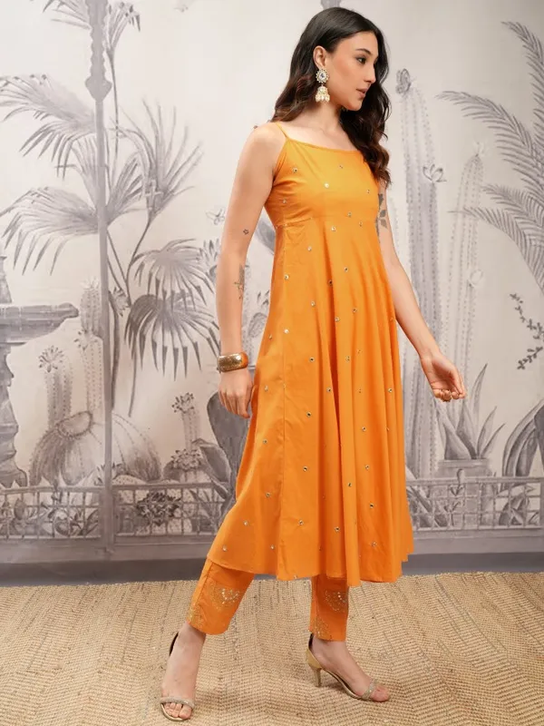 Vishudh Women Orange Printed Kurta With Trousers And Dupatta