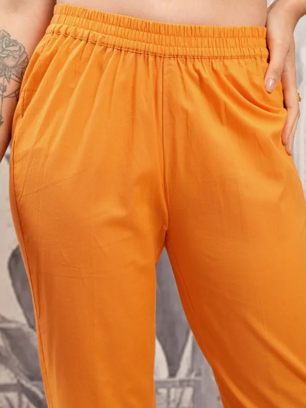 Vishudh Women Orange Printed Kurta With Trousers And Dupatta