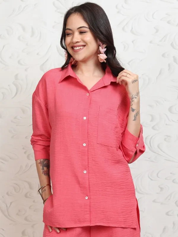 Tokyo Talkies Women Coral Shirt With Trousers Co-Ords