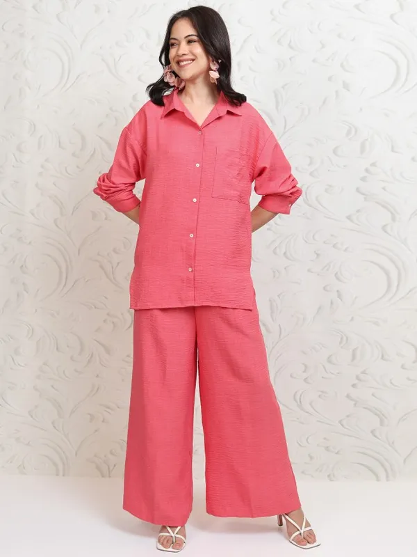 Tokyo Talkies Women Coral Shirt With Trousers Co-Ords