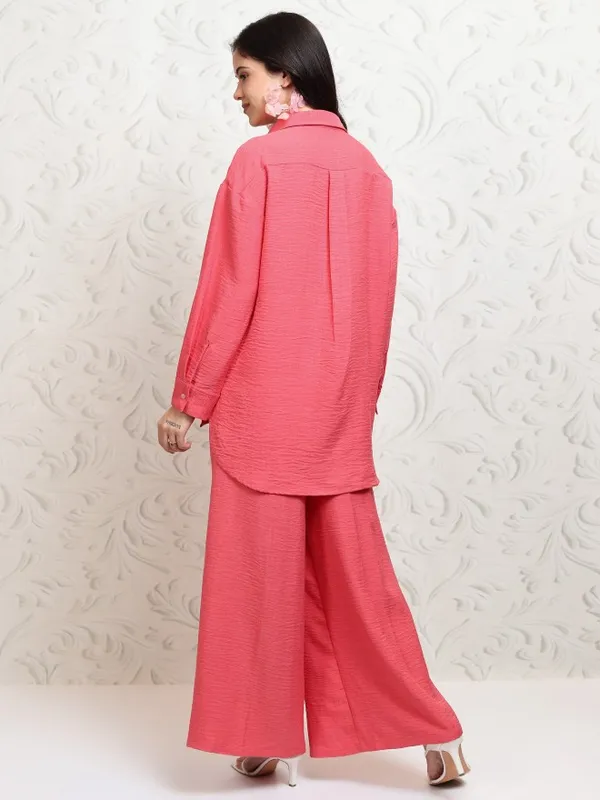 Tokyo Talkies Women Coral Shirt With Trousers Co-Ords