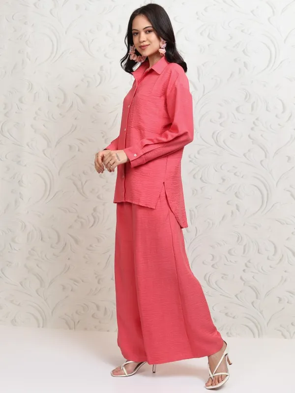 Tokyo Talkies Women Coral Shirt With Trousers Co-Ords