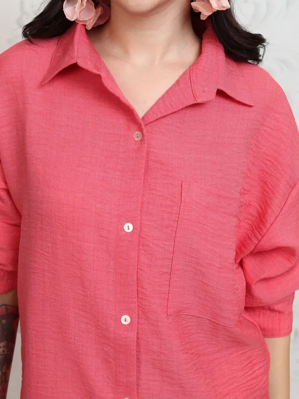 Tokyo Talkies Women Coral Shirt With Trousers Co-Ords