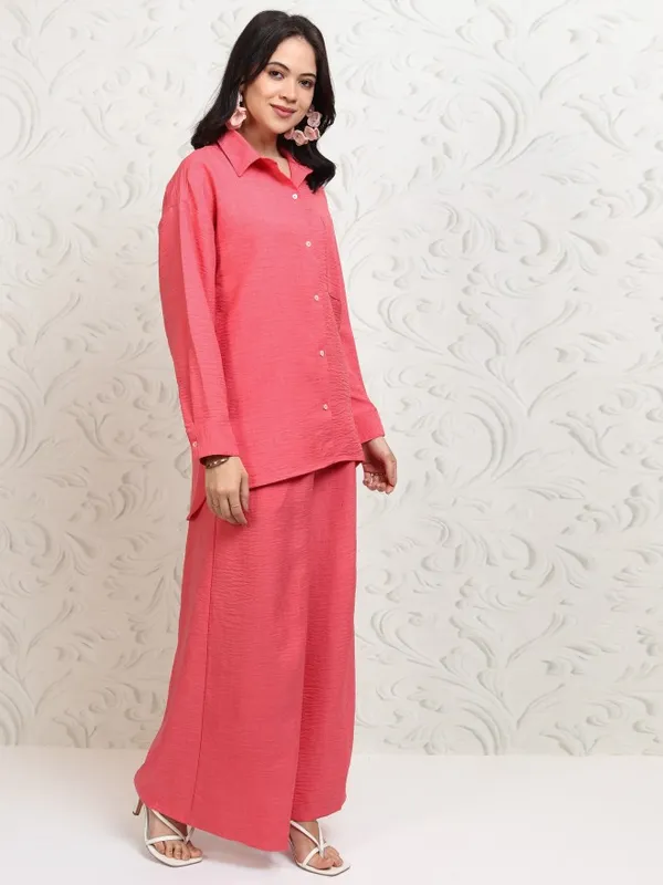 Tokyo Talkies Women Coral Shirt With Trousers Co-Ords