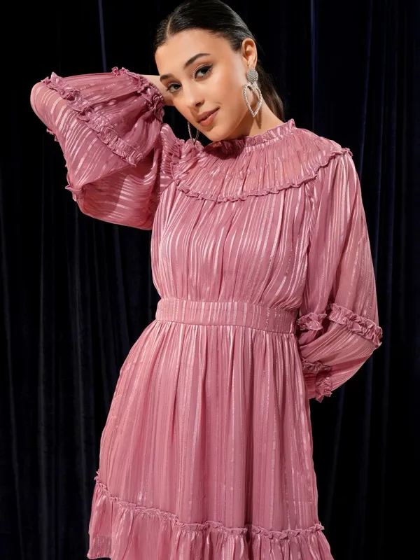 Tokyo Talkies Women Pink Solid Woven Ruffled Fit And Flare Dress 