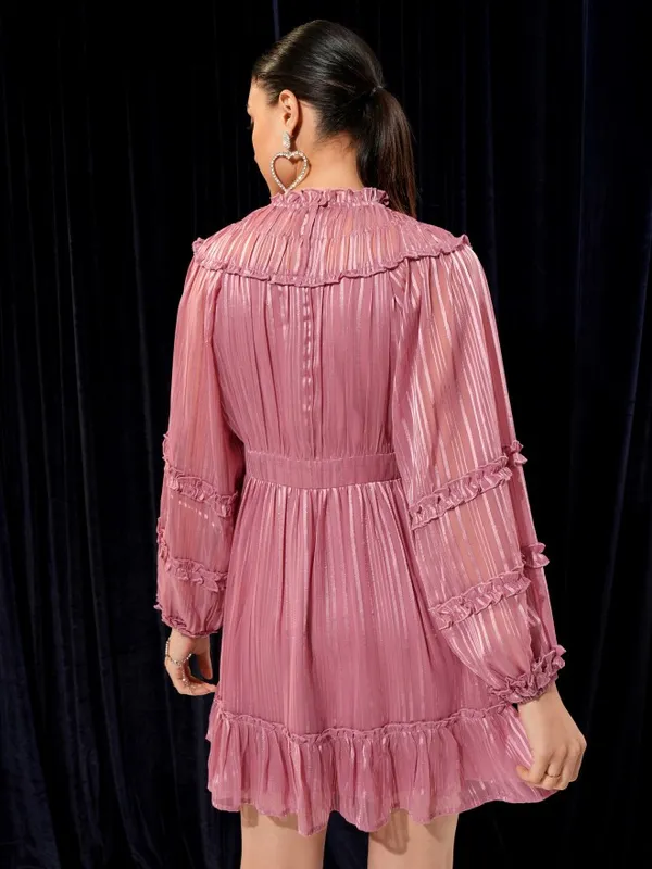 Tokyo Talkies Women Pink Solid Woven Ruffled Fit And Flare Dress 