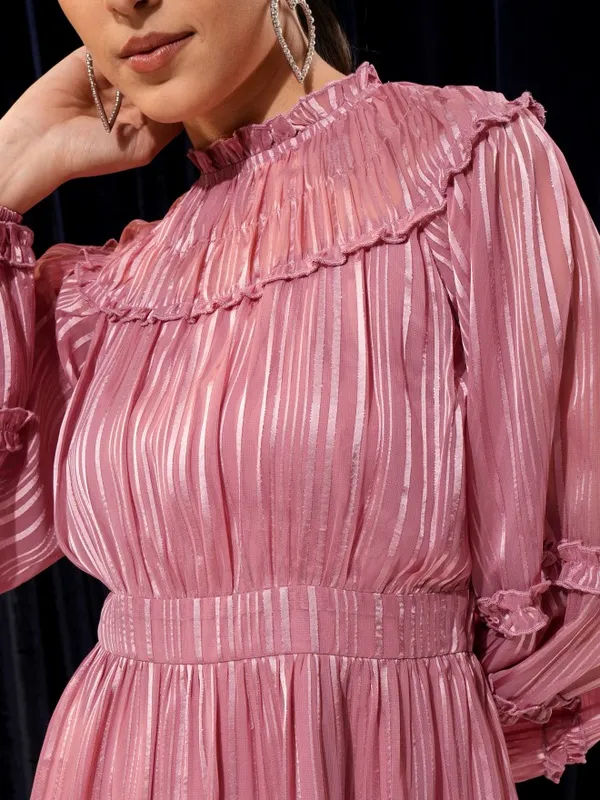 Tokyo Talkies Women Pink Solid Woven Ruffled Fit And Flare Dress 
