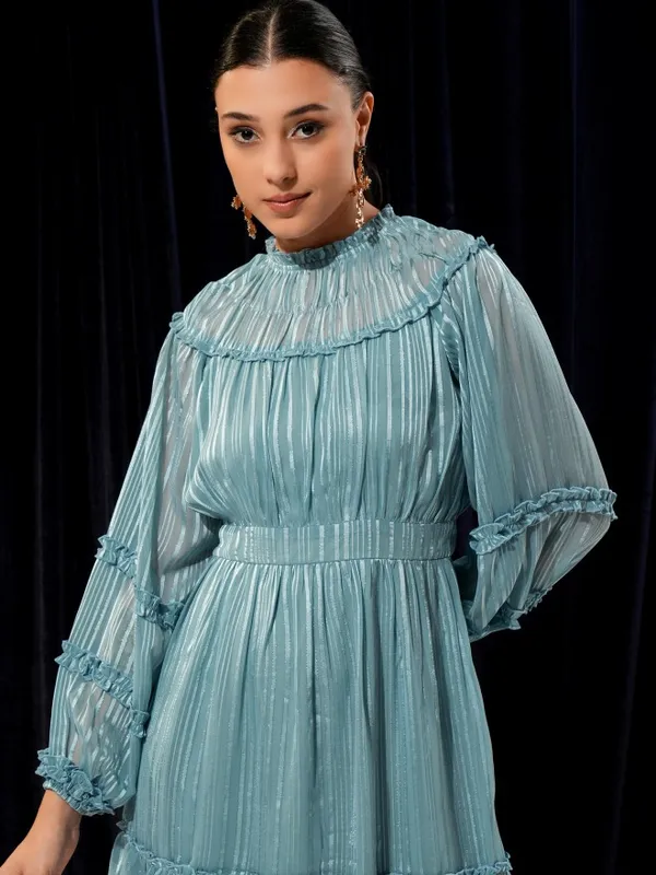 Tokyo Talkies Women Teal Solid Woven Ruffled Fit And Flare Dress 