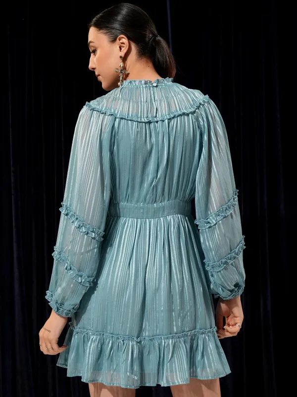 Tokyo Talkies Women Teal Solid Woven Ruffled Fit And Flare Dress 
