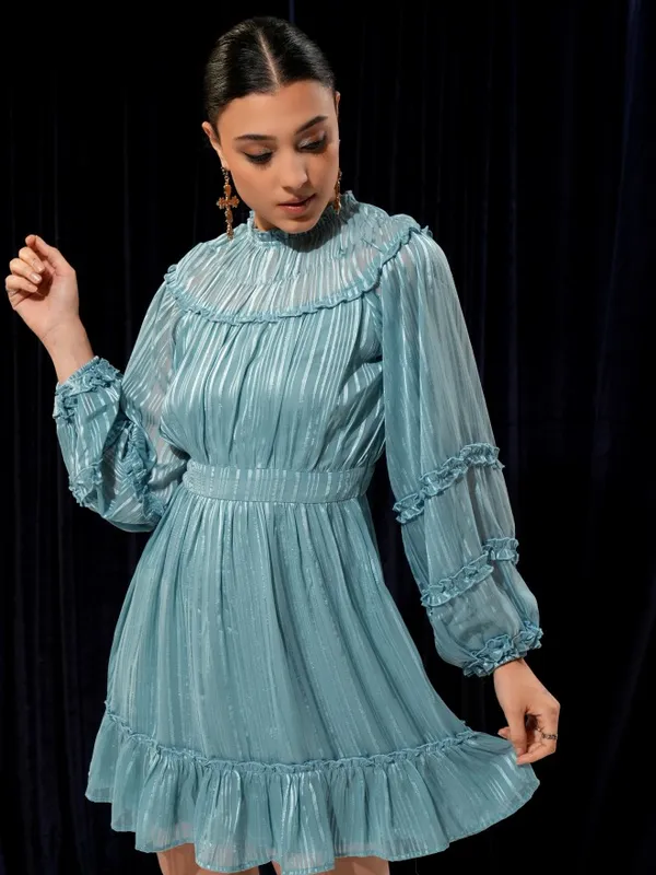 Tokyo Talkies Women Teal Solid Woven Ruffled Fit And Flare Dress 