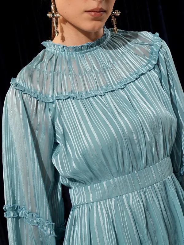 Tokyo Talkies Women Teal Solid Woven Ruffled Fit And Flare Dress 