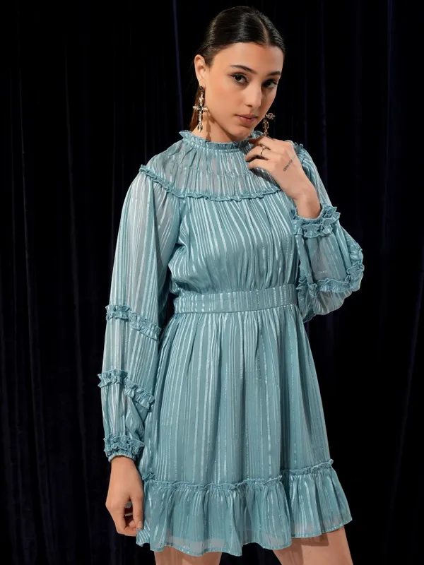 Tokyo Talkies Women Teal Solid Woven Ruffled Fit And Flare Dress 