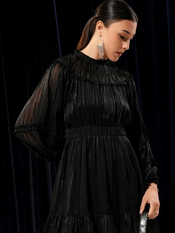 Tokyo Talkies Women Black Solid Woven Ruffled Fit And Flare Dress 