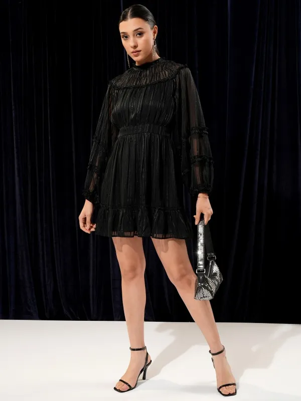 Tokyo Talkies Women Black Solid Woven Ruffled Fit And Flare Dress 
