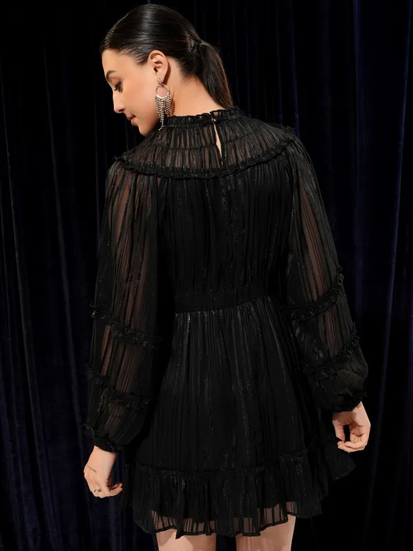 Tokyo Talkies Women Black Solid Woven Ruffled Fit And Flare Dress 