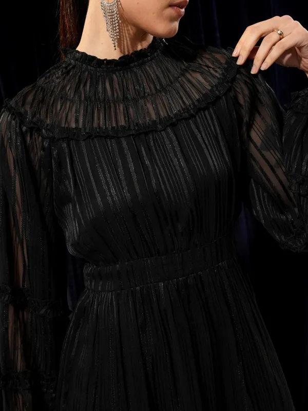 Tokyo Talkies Women Black Solid Woven Ruffled Fit And Flare Dress 