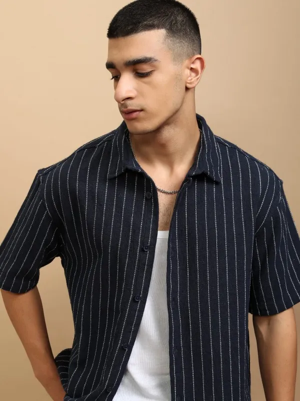 Highlander Men Navy Blue Striped Oversized Fit Casual Shirt