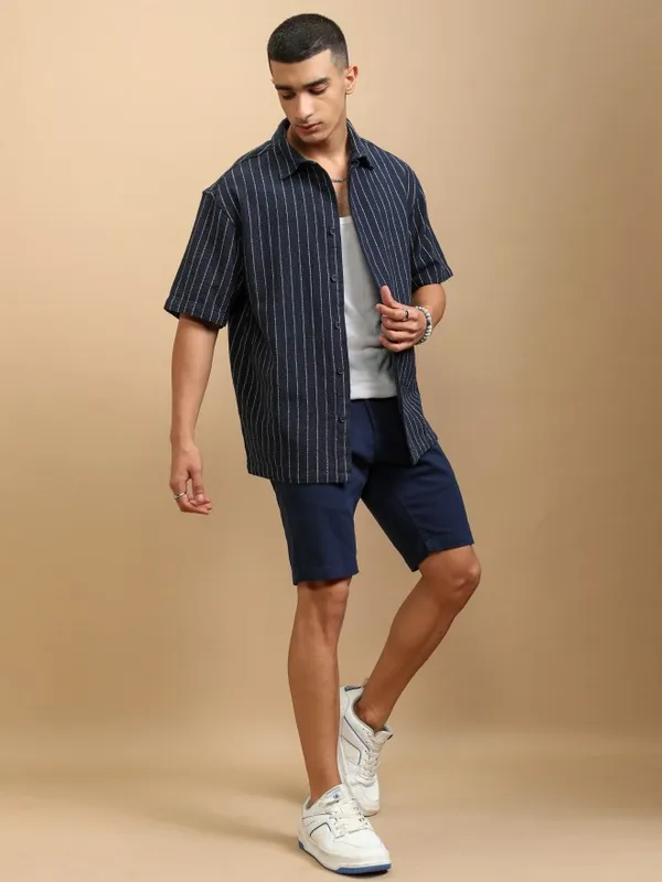 Highlander Men Navy Blue Striped Oversized Fit Casual Shirt