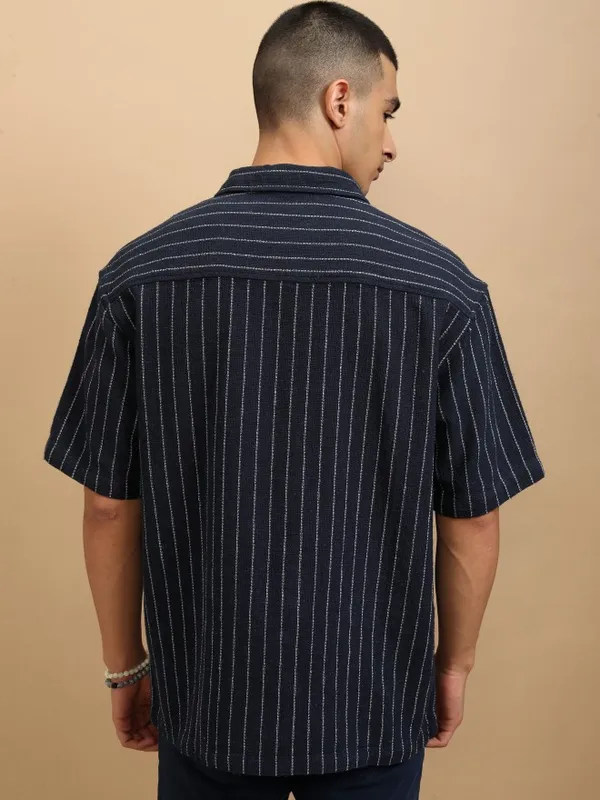 Highlander Men Navy Blue Striped Oversized Fit Casual Shirt