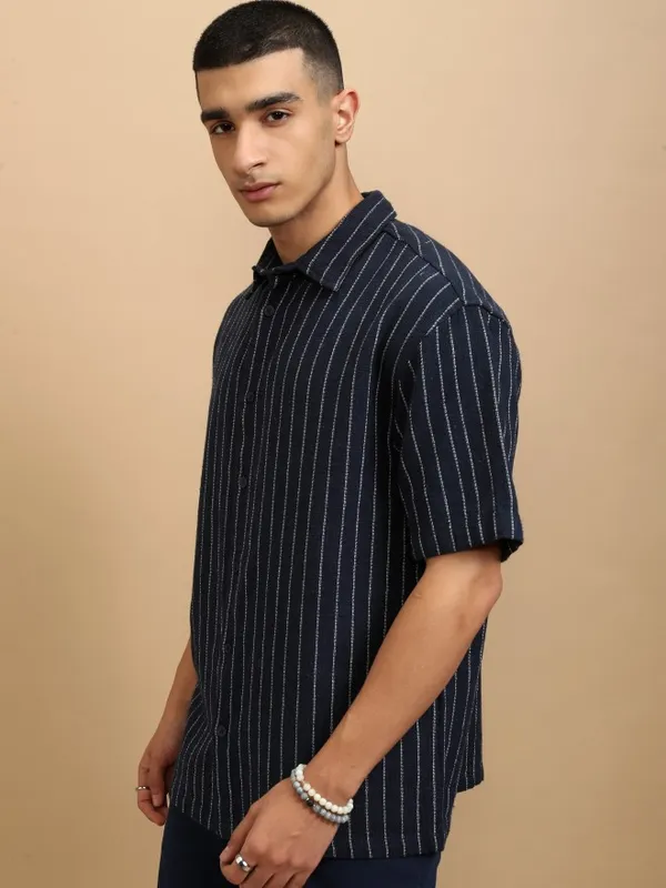 Highlander Men Navy Blue Striped Oversized Fit Casual Shirt