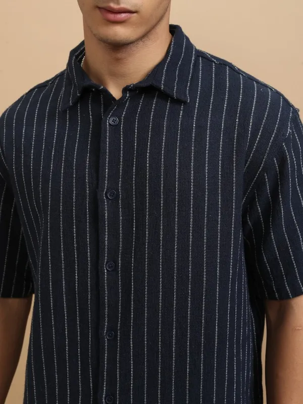 Highlander Men Navy Blue Striped Oversized Fit Casual Shirt