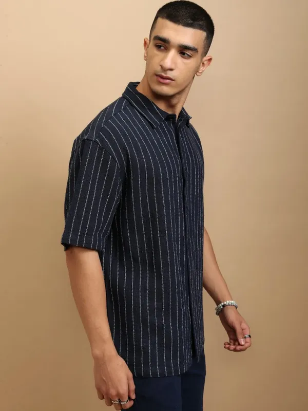 Highlander Men Navy Blue Striped Oversized Fit Casual Shirt