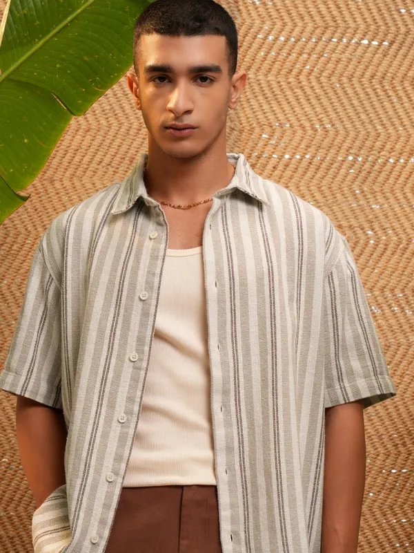 Highlander Men Beige Striped Oversized Fit Casual Shirt