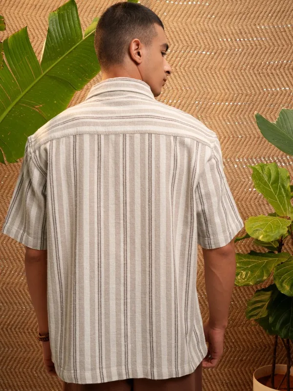 Highlander Men Beige Striped Oversized Fit Casual Shirt