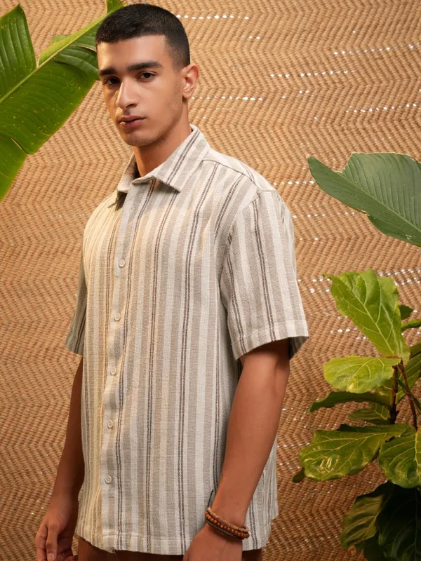 Highlander Men Beige Striped Oversized Fit Casual Shirt