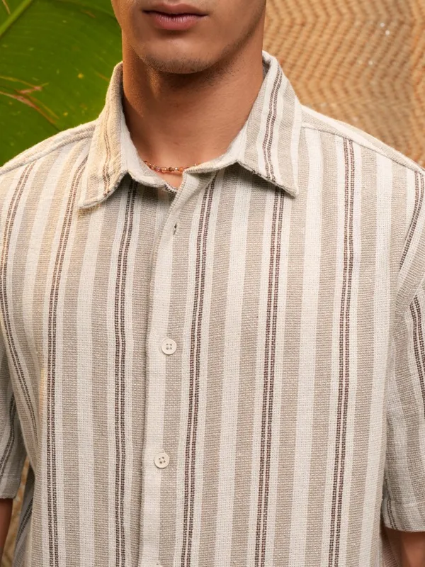 Highlander Men Beige Striped Oversized Fit Casual Shirt