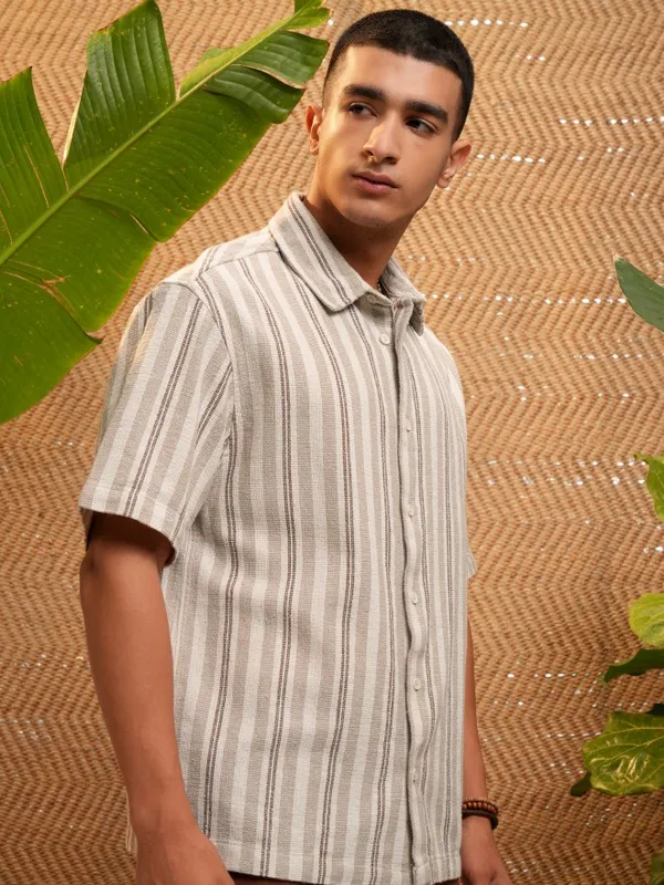 Highlander Men Beige Striped Oversized Fit Casual Shirt