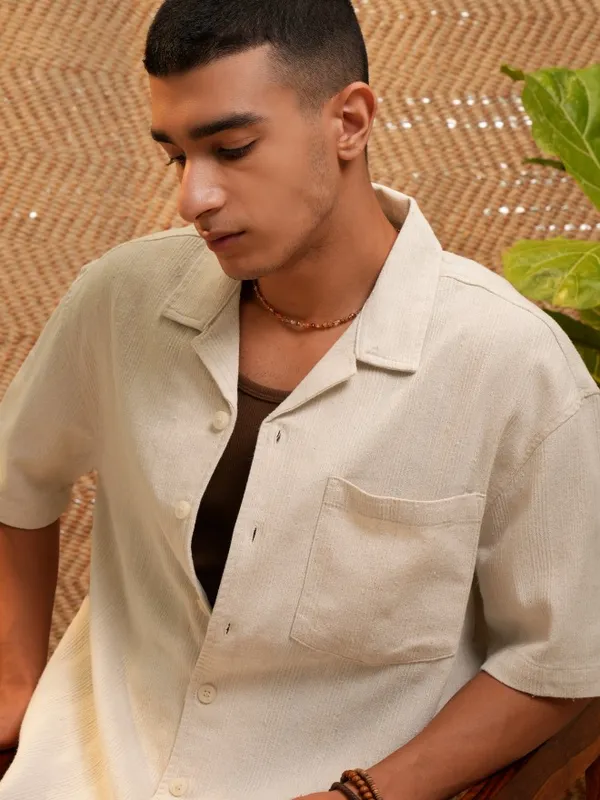 Highlander Men Beige Self Design Oversized Fit Casual Shirt