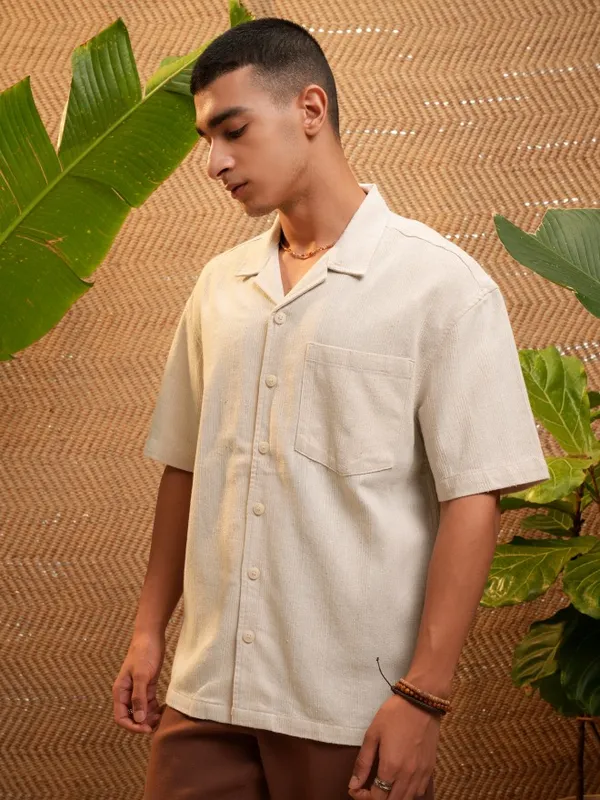 Highlander Men Beige Self Design Oversized Fit Casual Shirt