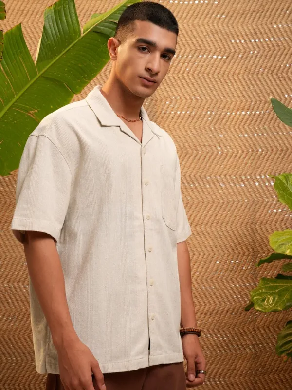 Highlander Men Beige Self Design Oversized Fit Casual Shirt