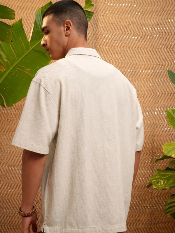 Highlander Men Beige Self Design Oversized Fit Casual Shirt