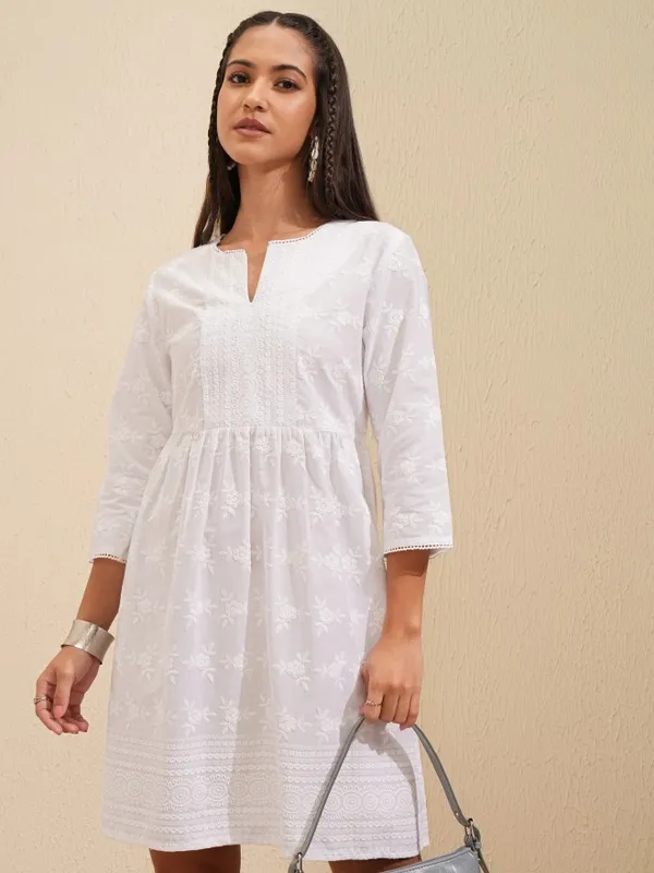 Tokyo Talkies Women White Embroidered A-Line Dress