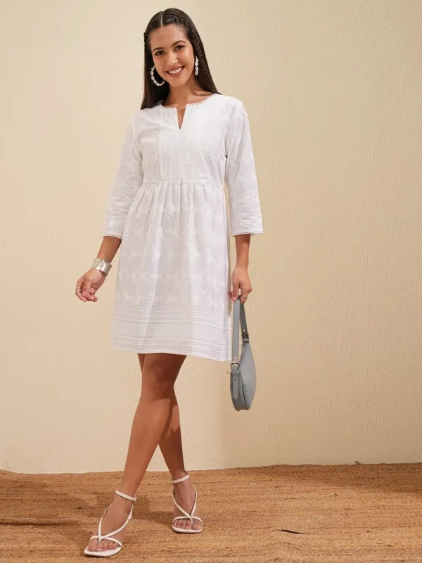 Tokyo Talkies Women White Embroidered A-Line Dress