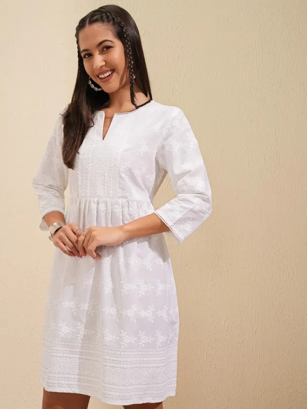 Tokyo Talkies Women White Embroidered A-Line Dress