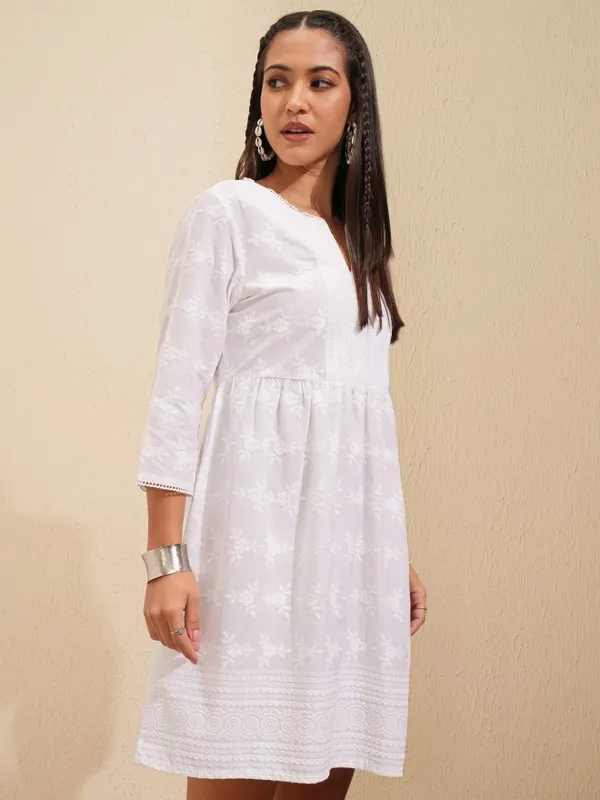 Tokyo Talkies Women White Embroidered A-Line Dress