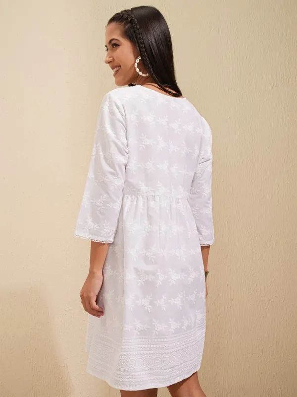 Tokyo Talkies Women White Embroidered A-Line Dress