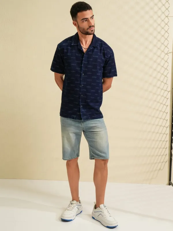 Locomotive Men Navy Blue Printed Relaxed Fit Casual Shirt