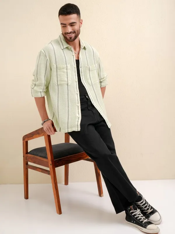 Locomotive Premium Men Green Striped Oversized Fit Casual Shirt