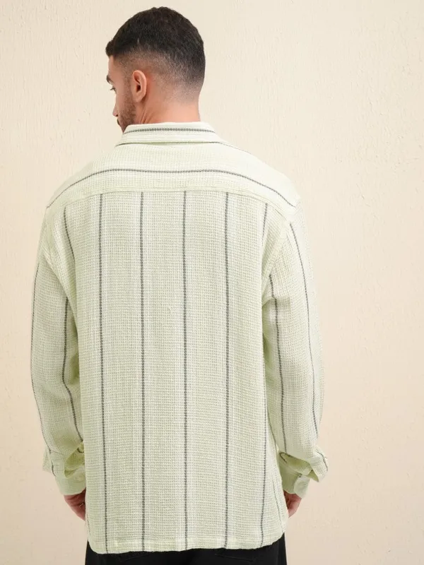 Locomotive Premium Men Green Striped Oversized Fit Casual Shirt