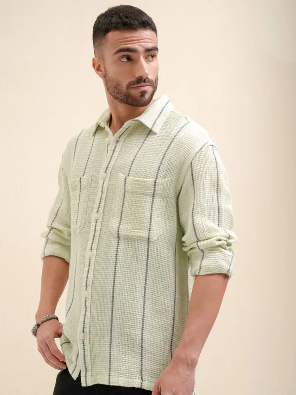 Locomotive Premium Men Green Striped Oversized Fit Casual Shirt