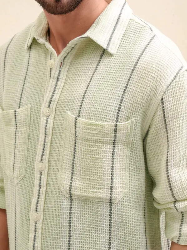 Locomotive Premium Men Green Striped Oversized Fit Casual Shirt