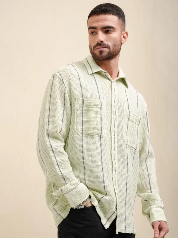 Locomotive Premium Men Green Striped Oversized Fit Casual Shirt