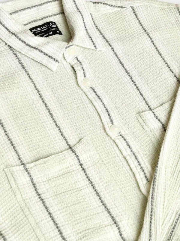 Locomotive Premium Men Green Striped Oversized Fit Casual Shirt