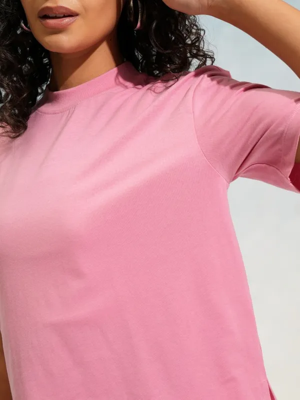 Tokyo Talkies Women Pink Solid Round Neck T-Shirt